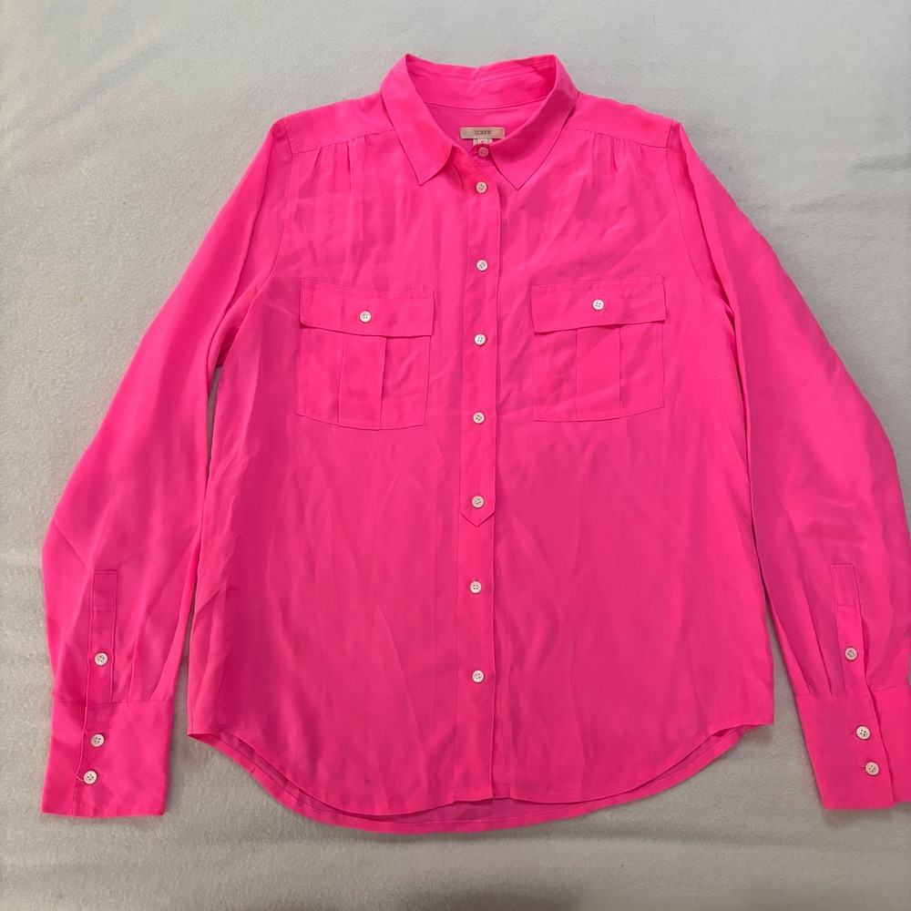 J.Crew Womens 6 Neon Pink 100% Silk Long Sleeve Button Down Blouse STAIN